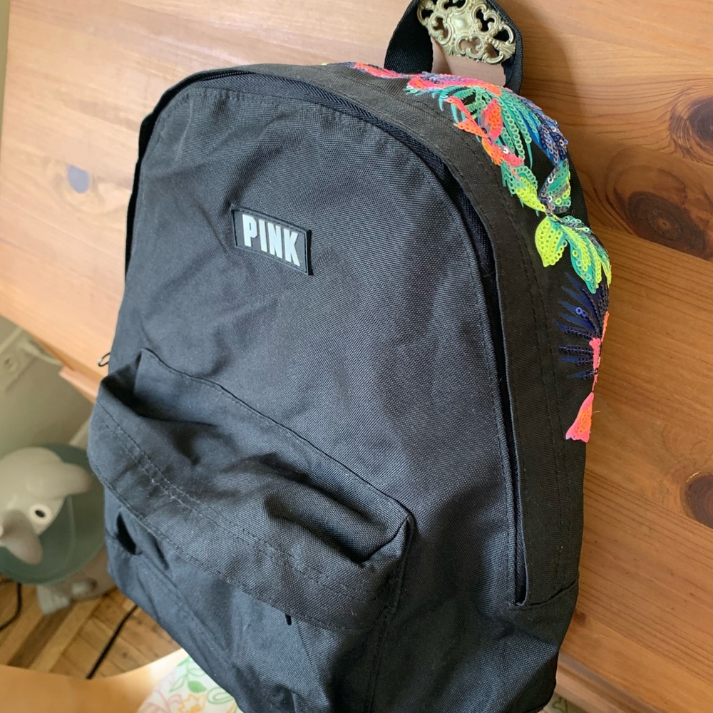 PINK mini backpack with sequin flower appliqué